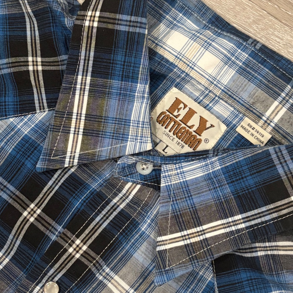 Ely Cattleman Mens Blue Black Plaid Western Pearl Snap Short Sleeve Shirt Large